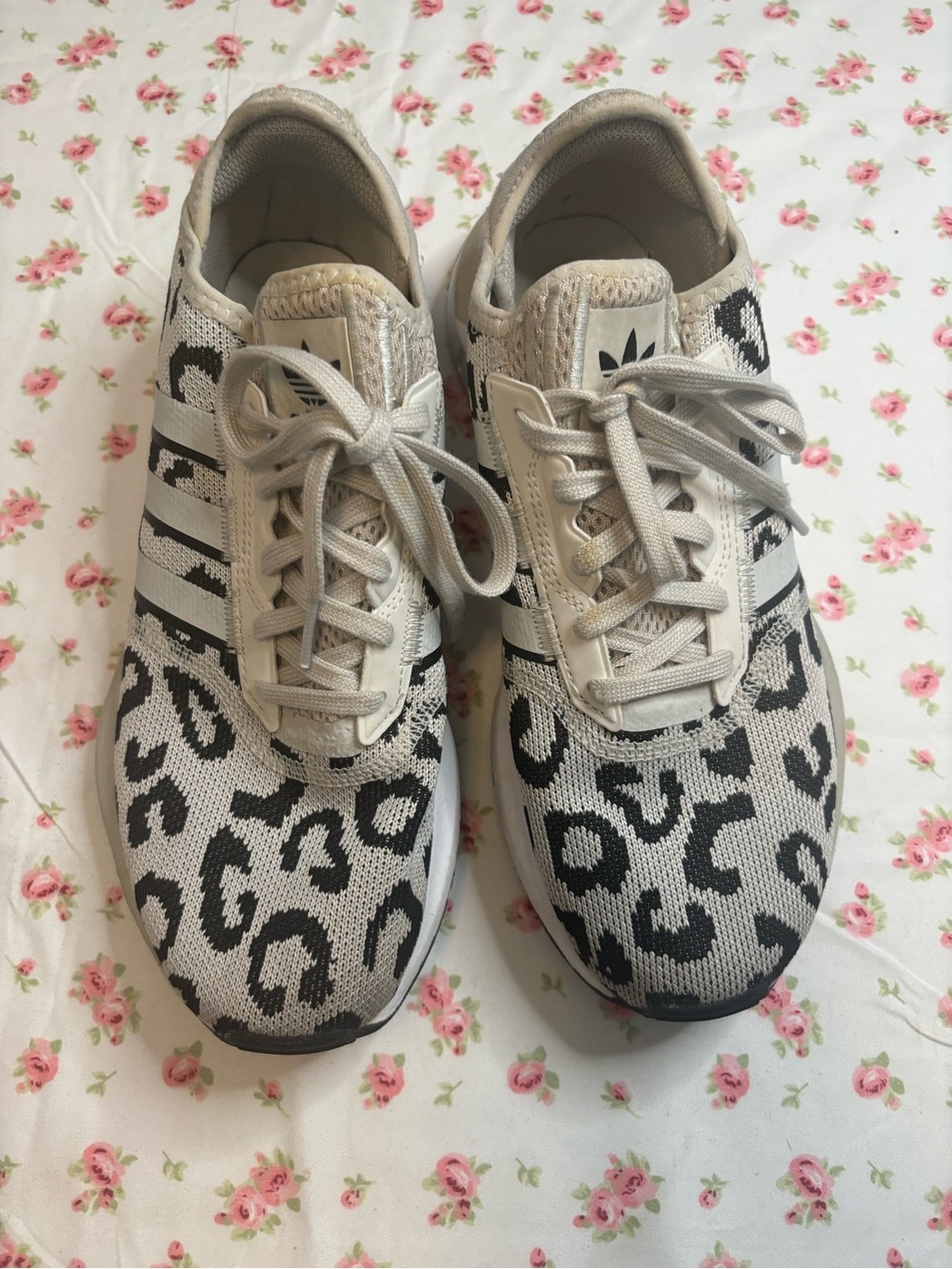 adidas Women's Beige and Black Leopard Knit Sneakers